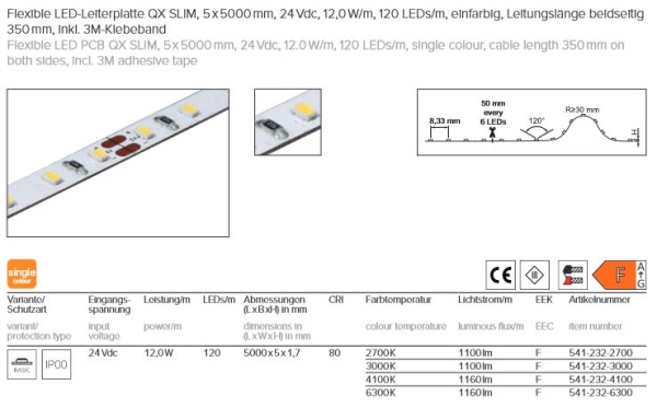 5mm breite Flex-Leiterplatte 24V, 5m, 12W/m, 120 LED/m