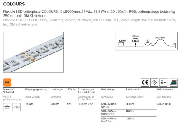 RGB-Flex-Leiterplatte 5m, 120 LED/m, 24V