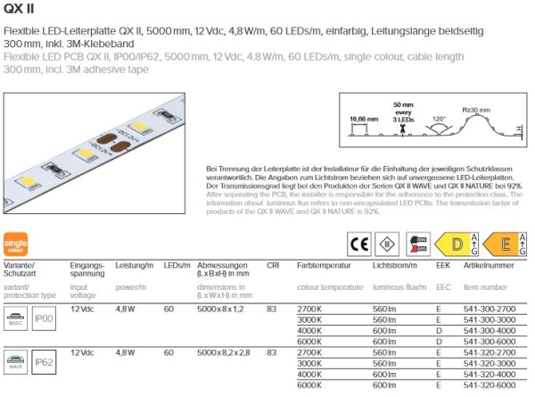 LED Streifen flexibel, 12V, 5m, 4,8W/m, 60 LEDs/m