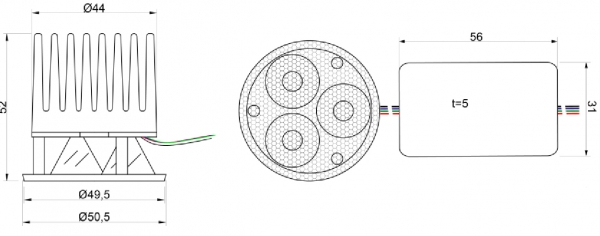 RGB LED Einsatz für Einbaustrahler, 12V, gemeinsame Anode (negativ gesteuert)